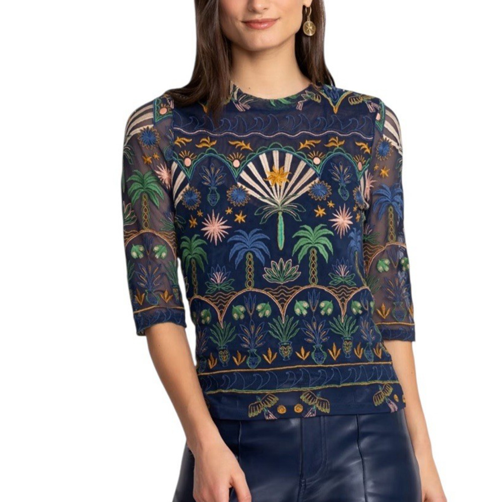 JADE by JOHNNY WAS Size Small Kaia Mesh Navy Del Mar Embroidered PulloverTop - Picture 5 of 13
